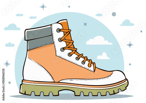 Durable orange and white adventure boot illustration with sturdy sole and bright laces