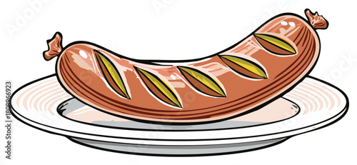 A curved brown sausage with diagonal yellow markings rests on a white plate