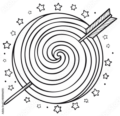Whimsical illustration of a lollipop pierced by an arrow surrounded by stars
