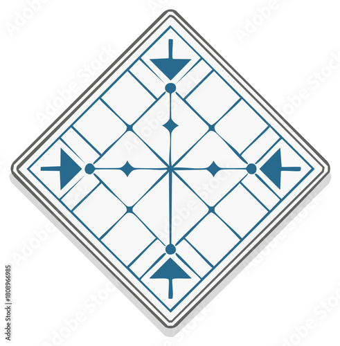 Geometric Tile Pattern with Blue Arrows and Diamond Shapes in a Square Frame