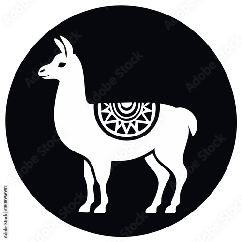 Andean Llama with Blanket Illustration Black Circle White Silhouette