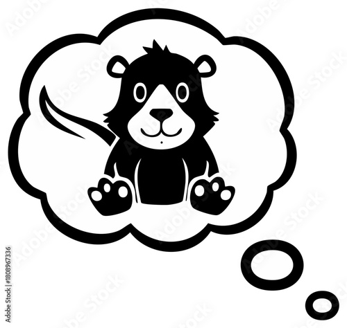 Cute cartoon animal character sitting inside a black and white comic style thought bubble illustration