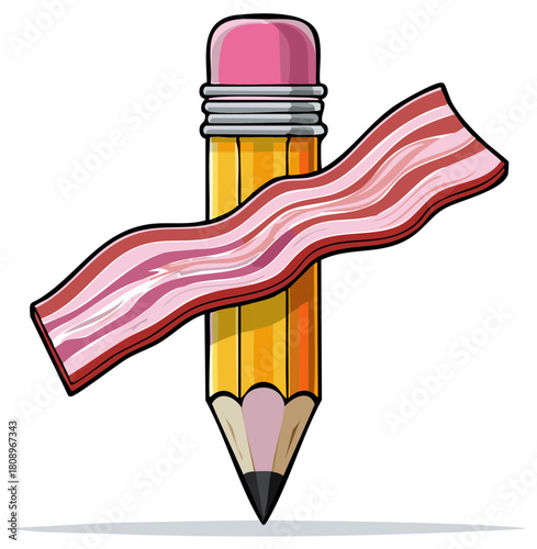 Cartoon Pencil with Eraser and a Piece of Bacon Unusual Creative Combination