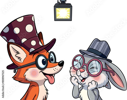 Two cartoon animals a fox and a rabbit wearing hats and glasses illuminated by a lantern