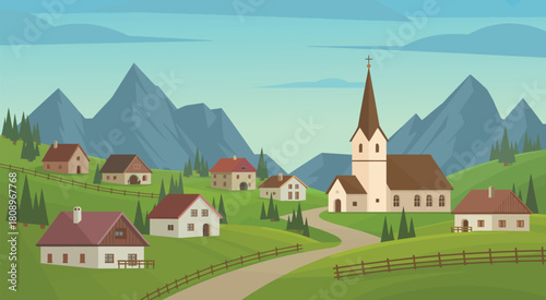 Flat design Bavarian alpine village with rolling hills and mountain scenery illustration