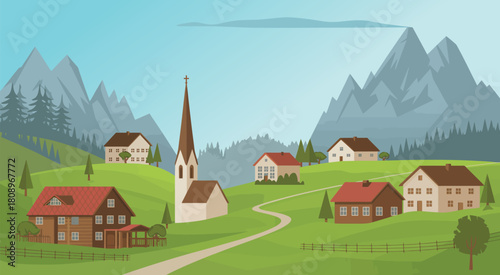 Flat design Bavarian alpine village nestled among rolling hills and majestic mountains illustration