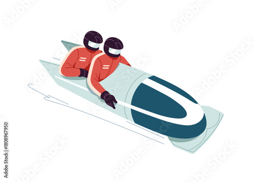 Bobsleigh team rides sled on ice track. Two athletes in helmets slide on bobsled sleigh together. Sportsmen of winter sports are racing on sledge. Flat isolated vector illustration on white background