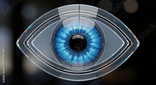 A stylized eye with a blue iris is depicted against a dark background, creating a striking and modern visual with depth and contrast