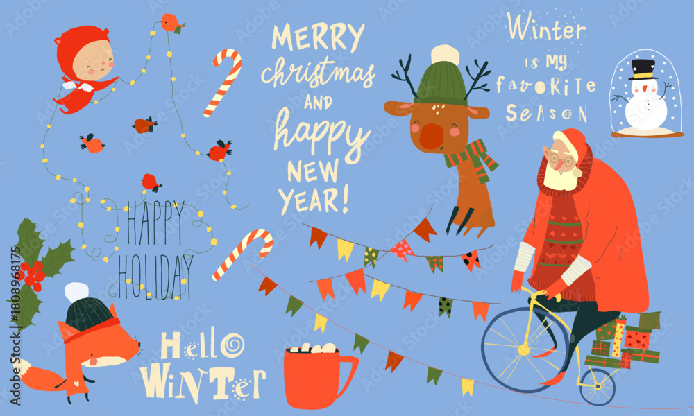 Obraz premium Vector Cartoon Set With Santa Claus and Christmas Elements