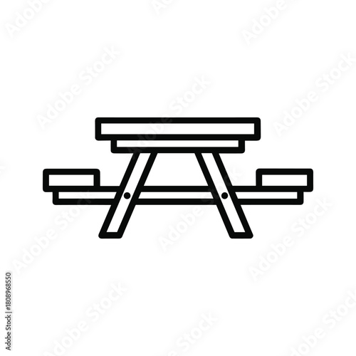Outline icon of a classic picnic table with benches, symbolizing outdoor dining, parks, and recreation