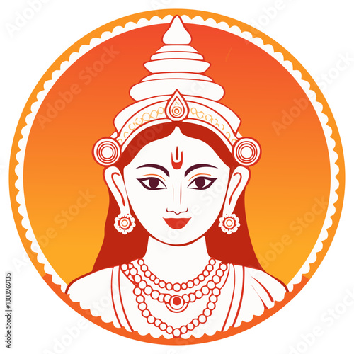 Hindu Goddess Vector Illustration with Bindi and Crown on Vibrant Orange Gradient