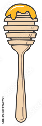 Isolated cartoon wooden honey dipper with sweet golden honey drizzling down the side