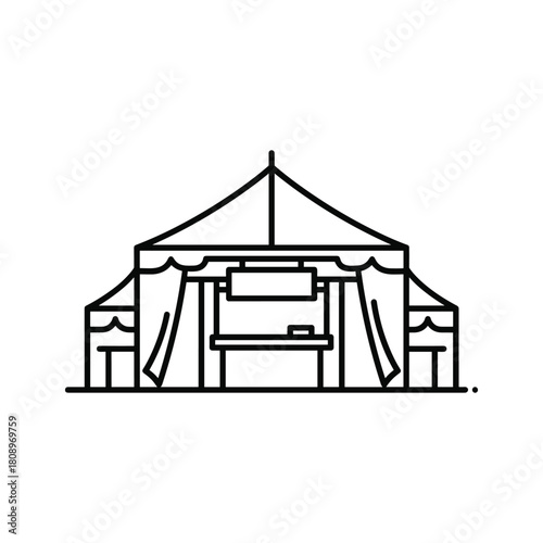 Outline icon of a market tent or stall with a counter, often used for events, festivals, or selling goods