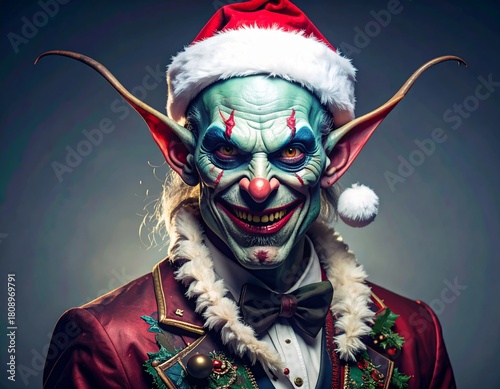 Elf with a scary face in Ugly Christmas style