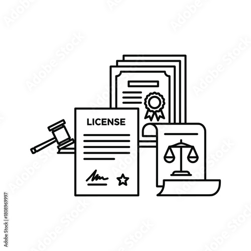 A line art icon showing legal documents, a license, scales of justice, and a judges gavel, representing law and justice
