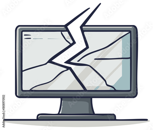 Cartoon illustration of a broken computer monitor with a cracked screen