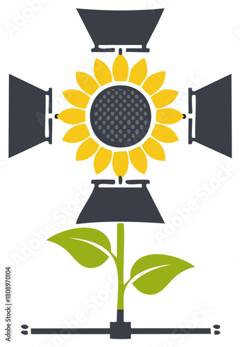 Stylized Sunflower Bloom Surrounded by Stage Lighting Equipment on a Minimalist Stand