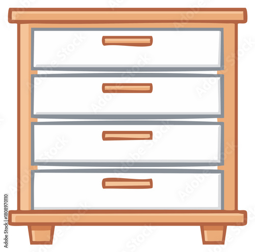 Cartoon wooden dresser with four drawers for clothes or home supplies, vector illustration