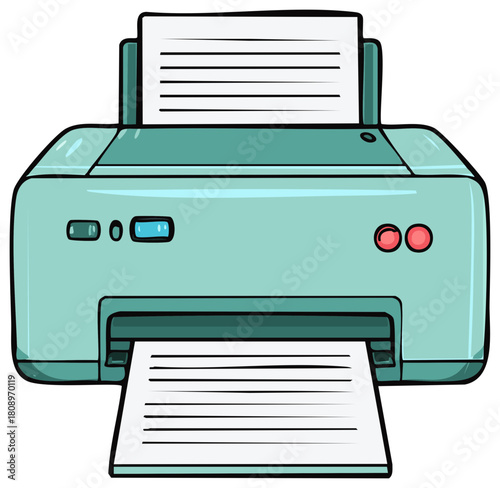 Cartoon printer with paper, ink, and output illustration.