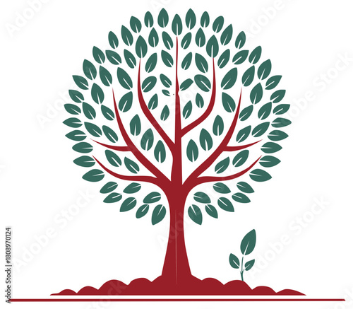 Tree of life with a small sapling symbolizing growth environment and new beginnings
