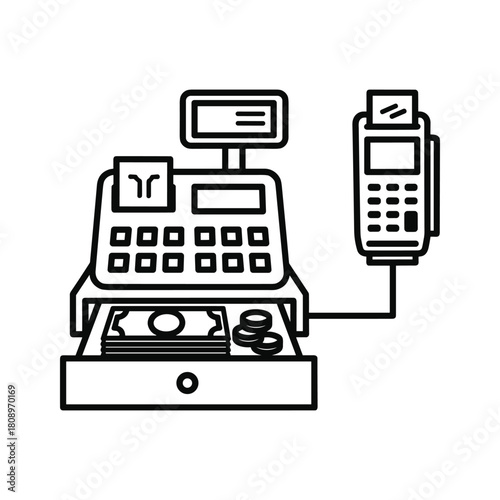 Cash register with money and a pointofsale terminal, representing retail transactions