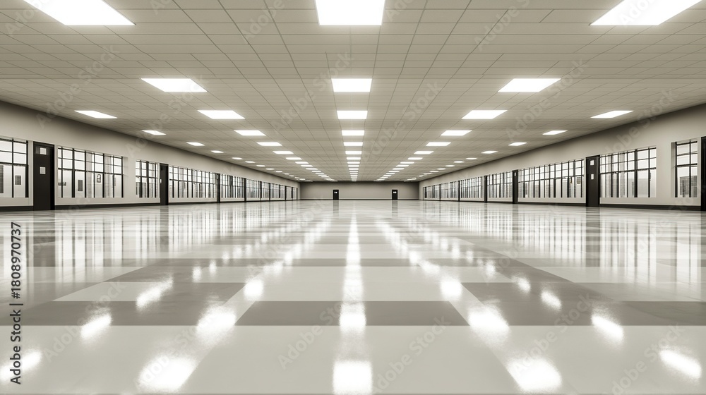 Fototapeta premium Vast empty brightly illuminated modern hallway The reflective tiled floor mirrors ceiling lights and rows of dark doors