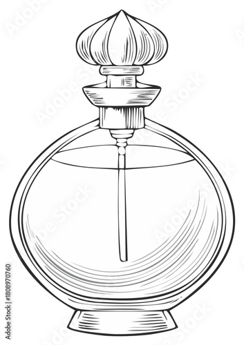 Elegant Perfume Bottle Line Art Illustration with Decorative Stopper Beauty Product
