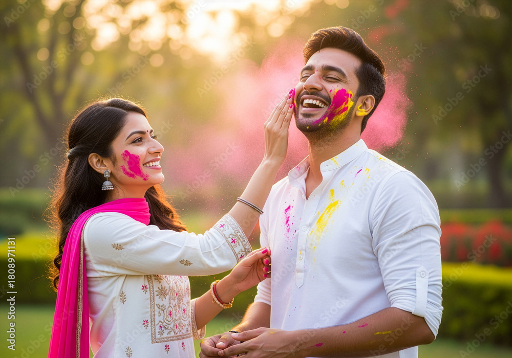 Obraz premium indian couple celebrating holi with colour splash