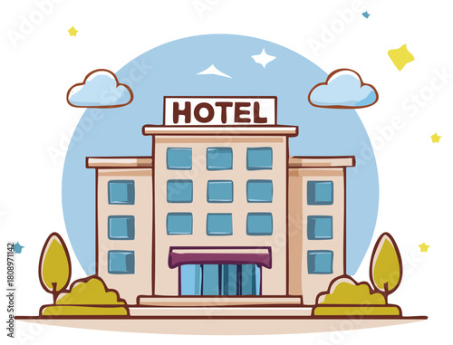 Cartoon Hotel Building Illustration for Travel and Vacation Accommodation