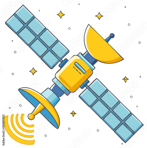 Cartoon satellite with solar panels and dish antenna transmitting a signal in space