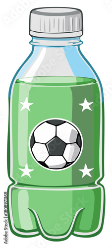 Cartoon green sports drink bottle with soccer ball and star design
