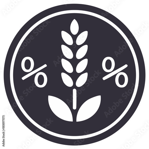 Wheat stalk with percentage symbols in a circular icon representing agricultural finance and market growth