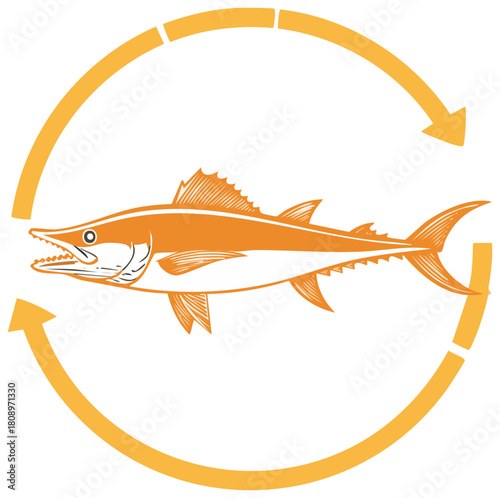 Barracuda Fish Illustration with Circular Arrow Design Graphic