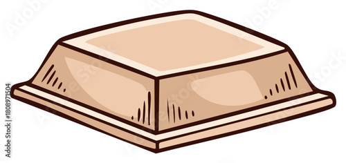 Isometric illustration of a beige square object with curved sides and brown lines.