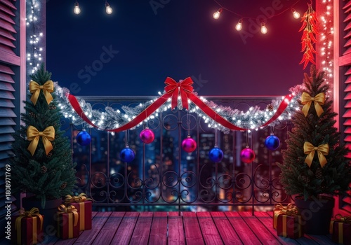 Christmas balcony scene with trees ornaments lights and presents in a festive setting at night