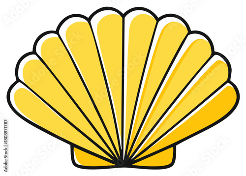 Stylized Yellow Seashell Illustration with Black Outline, Isolated Against White