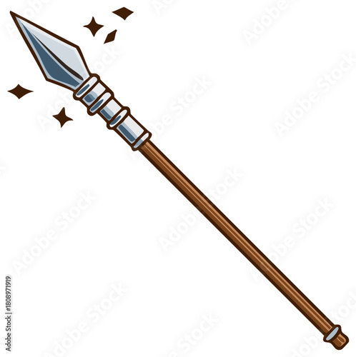 Cartoon Spear with Wooden Shaft and Metal Tip Illustration on White Background