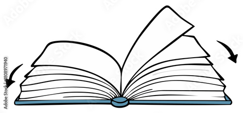 Hand drawn illustration of an open book with pages flipping in motion