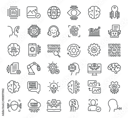 Set of collection line icons related Artificial Intelligence. Editable stroke. Perfect pixel on transparent background