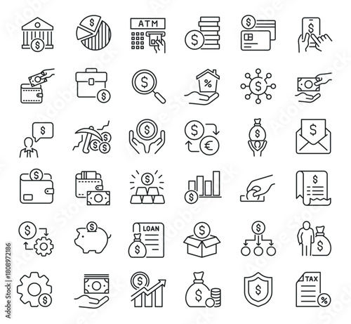 Set of collection line icons related Finance. Editable stroke. Perfect pixel on transparent background