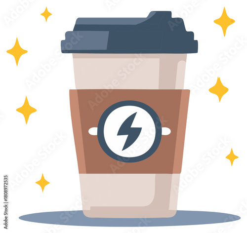 Sparkling coffee to go cup with lightning bolt symbol for a morning energy boost concept illustration