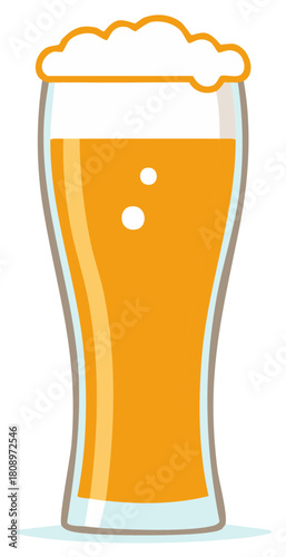 Cartoon illustration of a full glass of amber beer with a frothy head and bubbles