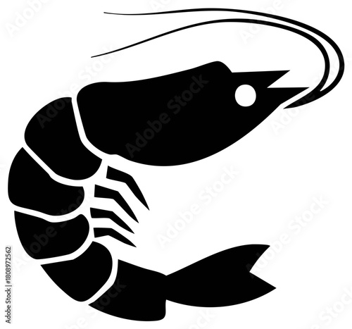 Elegant Shrimp Silhouette, Detailed Seafood Illustration, Curled Form, Marine Life Black and White Vector Style