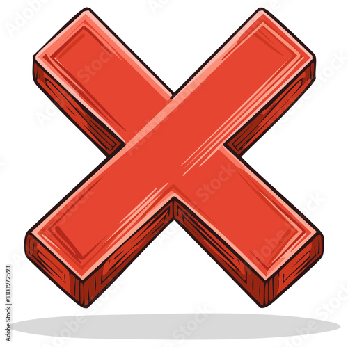 Hand-drawn 3D red X cross mark symbol for error and rejection