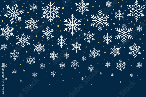 Winter Wonderland Elegance. Abstract winter wonderland scene with a mix of snowflakes and golden dots cascading across a dark blue background. The snowflakes vary in. Vector illustration