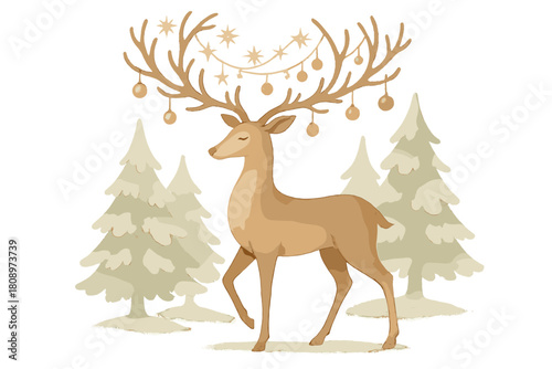 Elegant Reindeer Scene. Elegant reindeer with ornate antlers adorned with twinkling lights and small ornaments. The reindeer stands gracefully among stylized. Vector illustration
