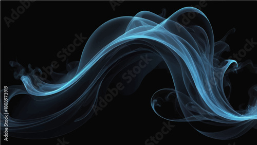 Abstract blue smoke waves flowing in a smooth curve against a black backdrop, creating a colorful, magical art design with light and motion