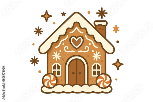 Cozy Gingerbread House. A cozy gingerbread house with icing details and candy decorations, surrounded by snowflakes and stars. This icon captures the essence of. Vector illustration