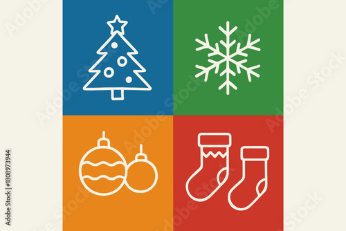 Festive Christmas Icon Set. Set of Christmas-themed icons including a decorated tree, snowflake, ornaments, and stockings. Each icon is outlined in white against. Vector illustration