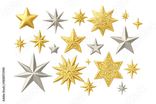 Metallic Christmas Stars. Array of Christmas star icons with a metallic sheen, featuring different designs from simple to ornate. The stars are scattered in a. Vector illustration